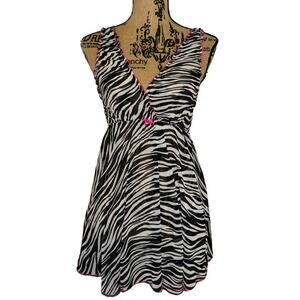 Vintage Cabernet Zebra Mini Dress Sheer Ruffle Black White Pink Size Medium Y2k